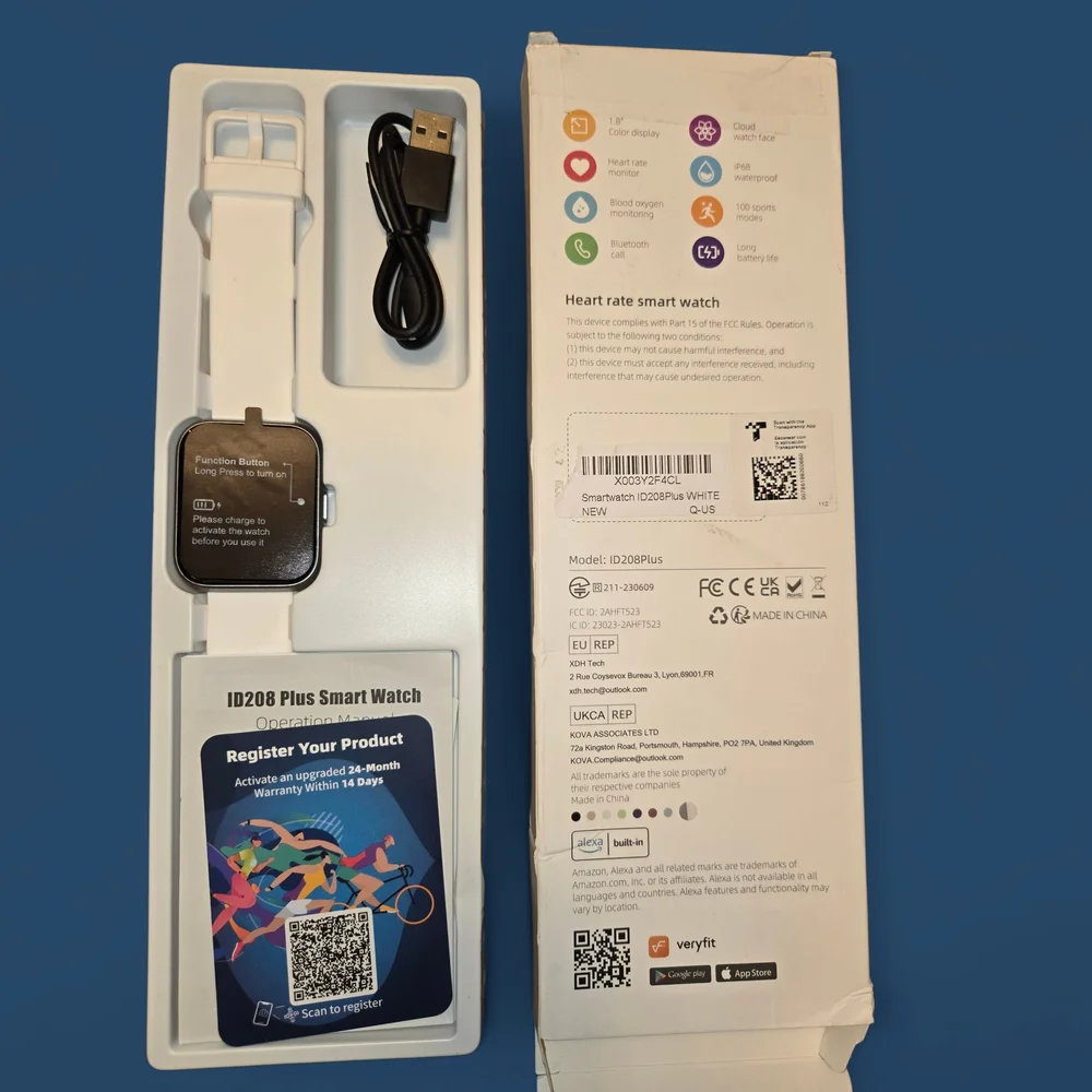 ID208 Plus Smart Watch White Fitness Tracker Heart Rate Monitor